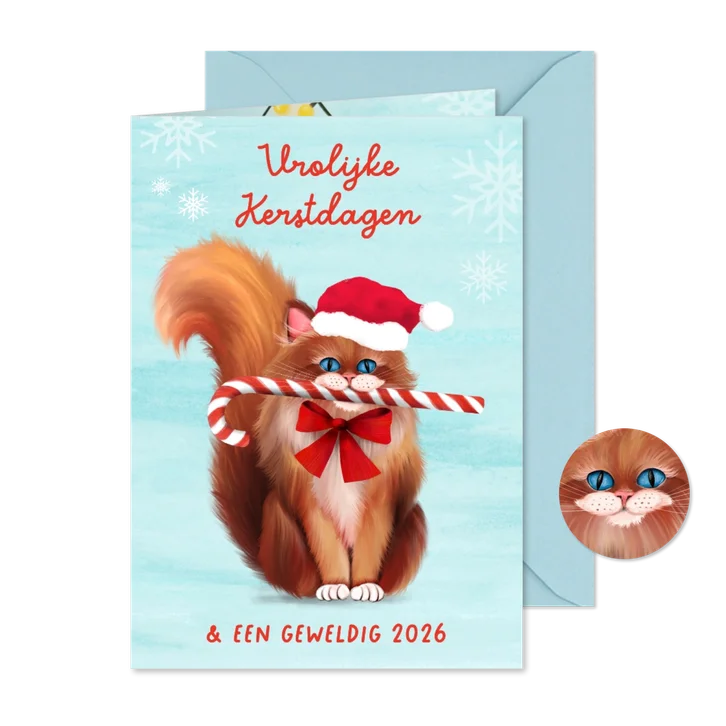Vrolijke kerstkaart met kat en zuurstok