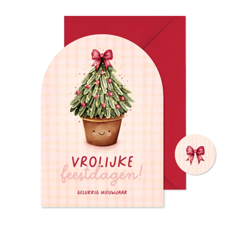 Vrolijke kerstkaart met kerstboom in boogvorm
