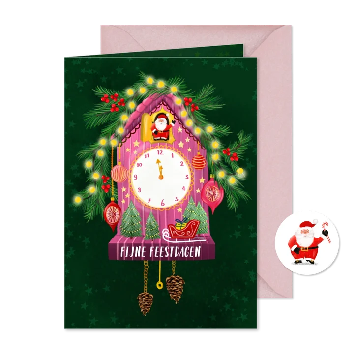 Vrolijke kerstkaart met koekoeksklokje met kerstman