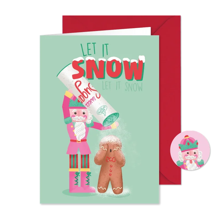 Vrolijke kerstkaart met notenkraker en gemberkoek mannetje