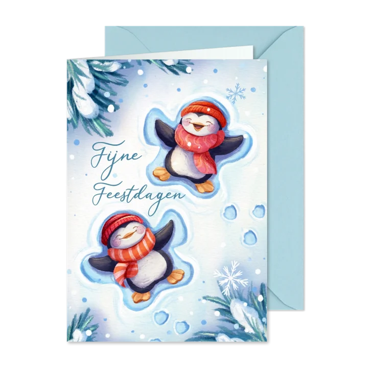 Vrolijke kerstkaart met pinguins in de sneeuw
