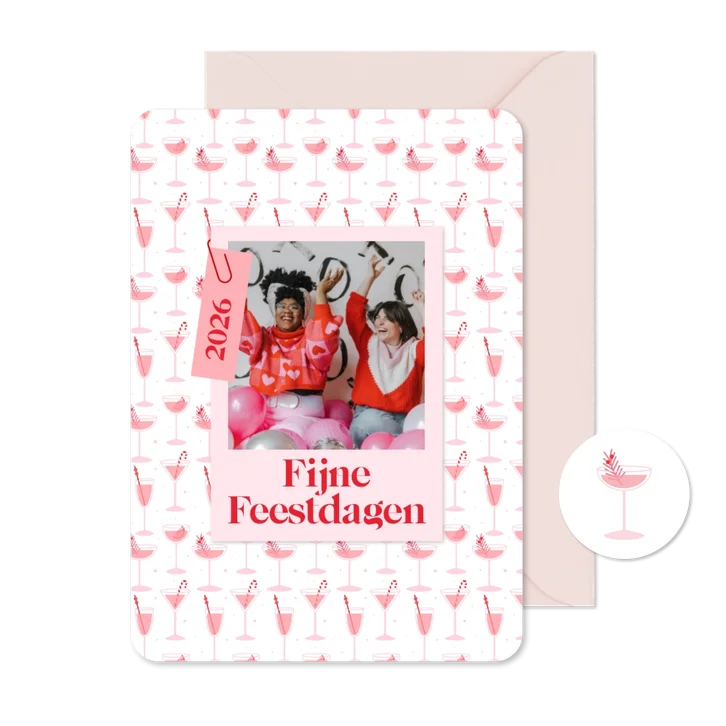 Vrolijke kerstkaart met roze cocktails en foto enkel