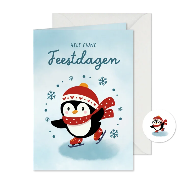 Vrolijke kerstkaart met schaatsende pinguïn en sneeuwvlokken