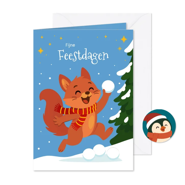 Vrolijke kerstkaart met sneeuwbal gooiende vos!