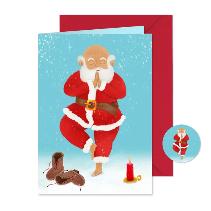 Vrolijke kerstkaart van kerstman in yoga-houding