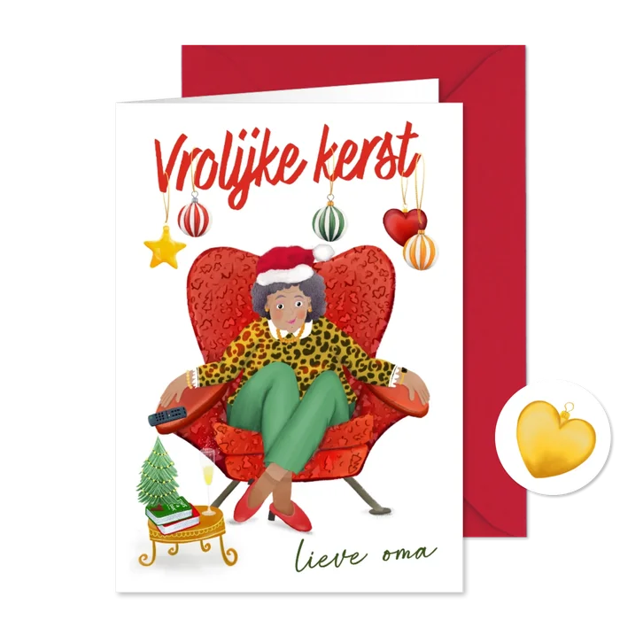Vrolijke kerstkaart van oma in haar relaxstoel