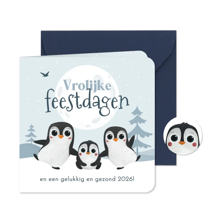 Vrolijke kerstkaart voor kinderen pinguïns winter landschap