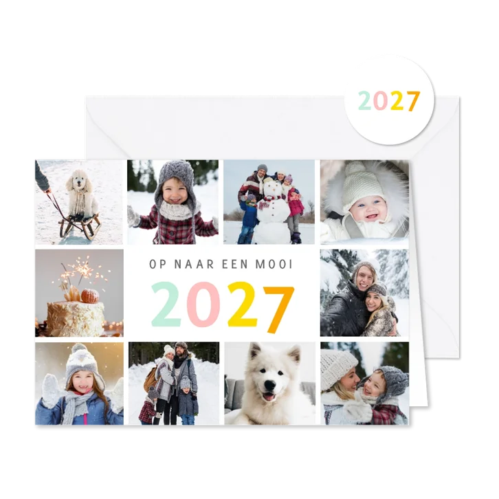 Vrolijke nieuwjaars fotocollage kaart met gekleurd 2027
