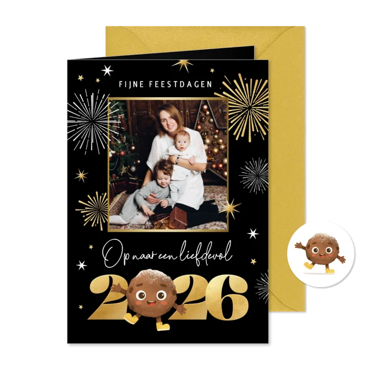 Vrolijke nieuwjaarskaart foto oliebol 2026 vuurwerk