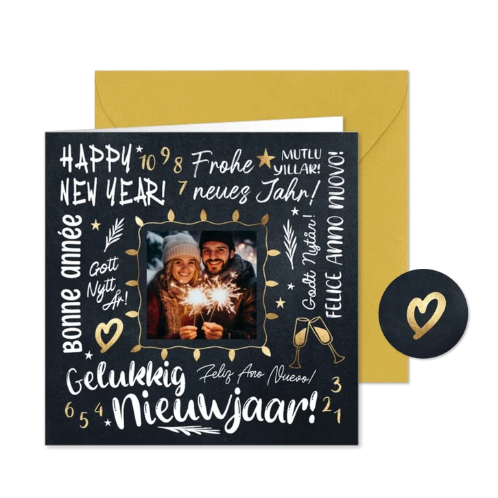Vrolijke nieuwjaarskaart internationaal met foto