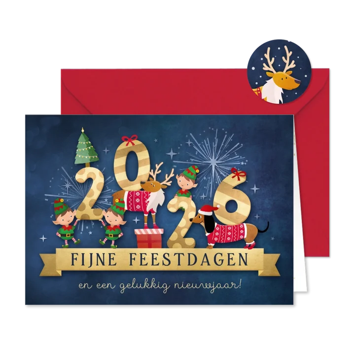 Vrolijke nieuwjaarskaart met lieve diertjes en 2026