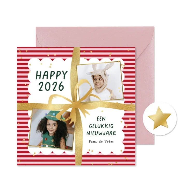 Vrolijke nieuwjaarskaart streeppatroon strik sterren goud