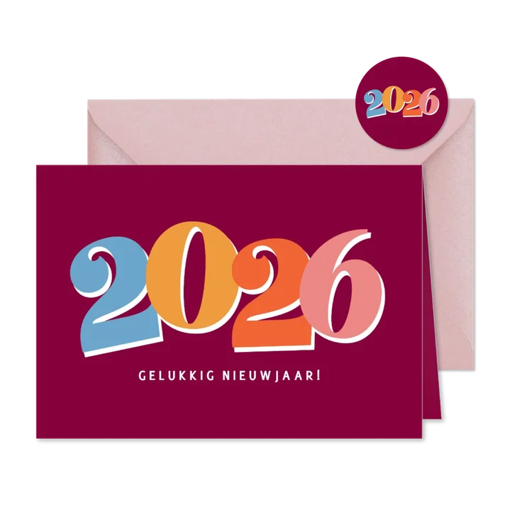 Vrolijke paarse nieuwjaarskaart met gekleurd jaartal