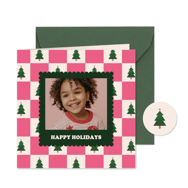  Vrolijke roze foto kerstkaart blokjespatroon met kerstbomen