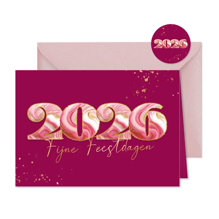 Vrolijke roze kerstkaart met gemarmerd jaartal