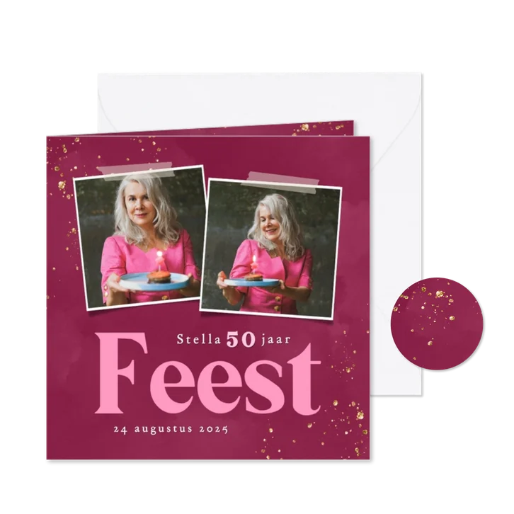 Vrolijke roze uitnodiging met glitters met foto feest