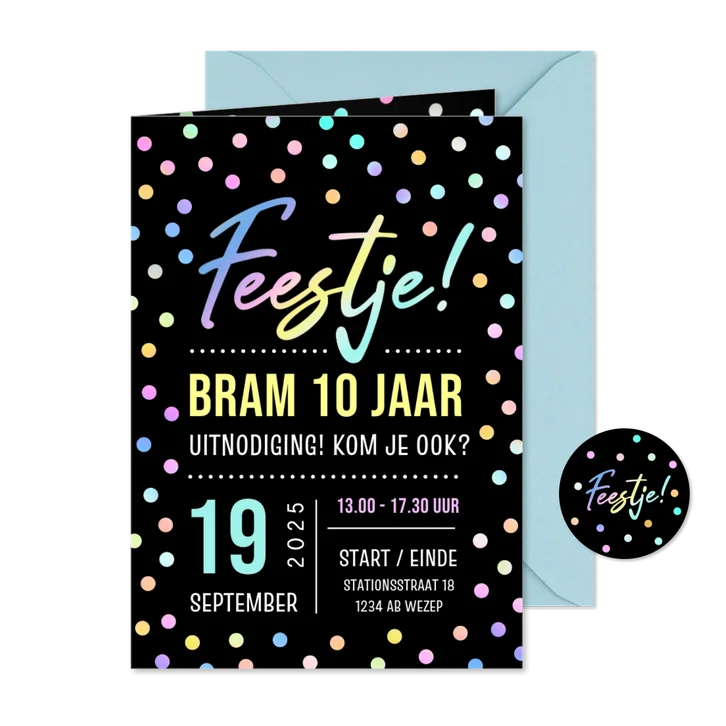 Vrolijke stoere uitnodiging kinderfeestje met neon kleurtjes
