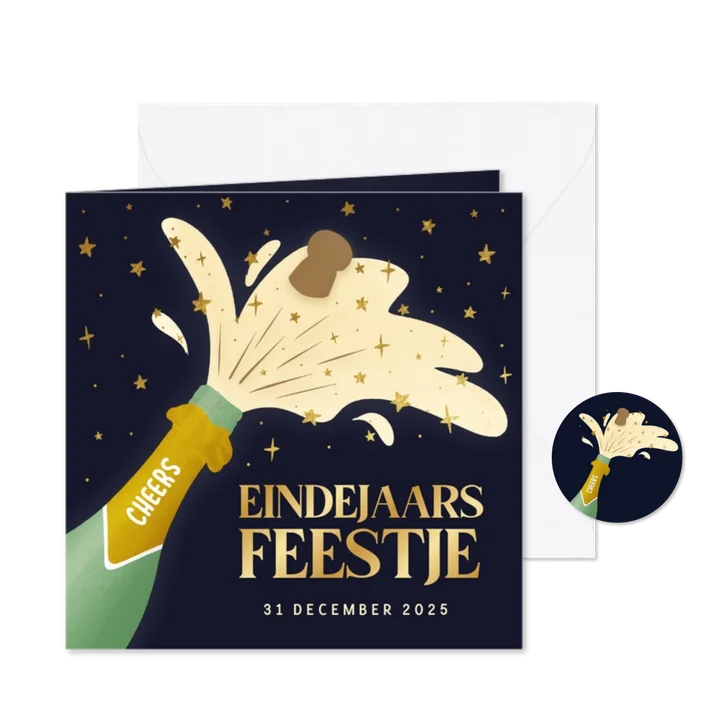 Vrolijke uitnodiging eindejaarsfeest knallende champagnefles