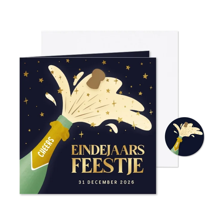 Vrolijke uitnodiging eindejaarsfeest knallende champagnefles