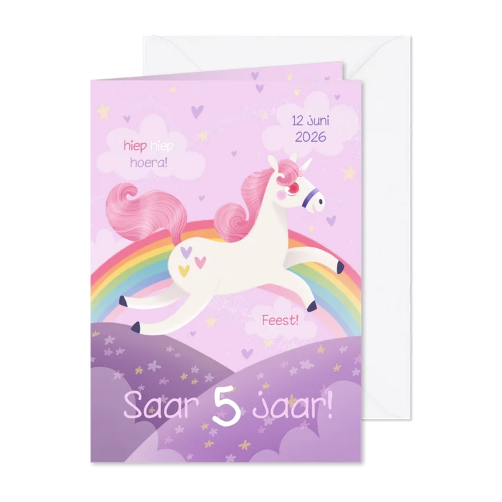 Vrolijke uitnodiging kinderfeestje eenhoorn en regenboog