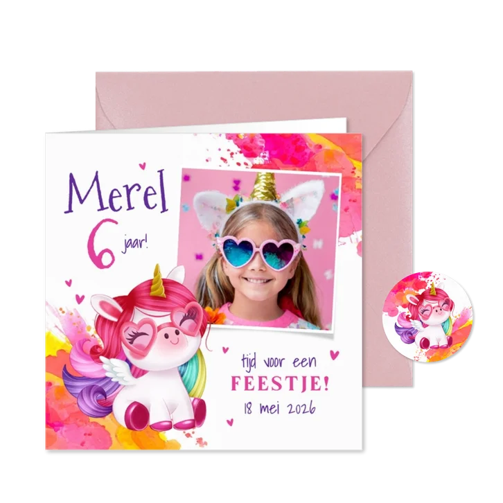 Vrolijke uitnodiging kinderfeestje eenhoorn regenboog haar