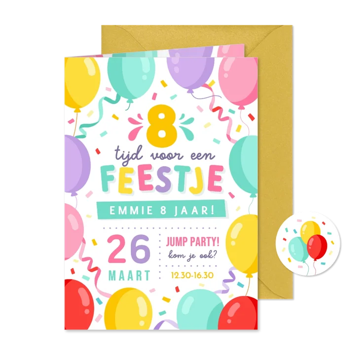 Vrolijke uitnodiging kinderfeestje met gekleurde ballonnen