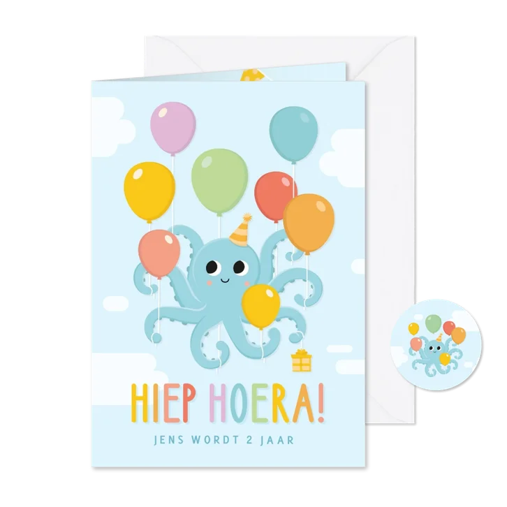 Vrolijke uitnodiging kinderfeestje met octopus met ballonnen