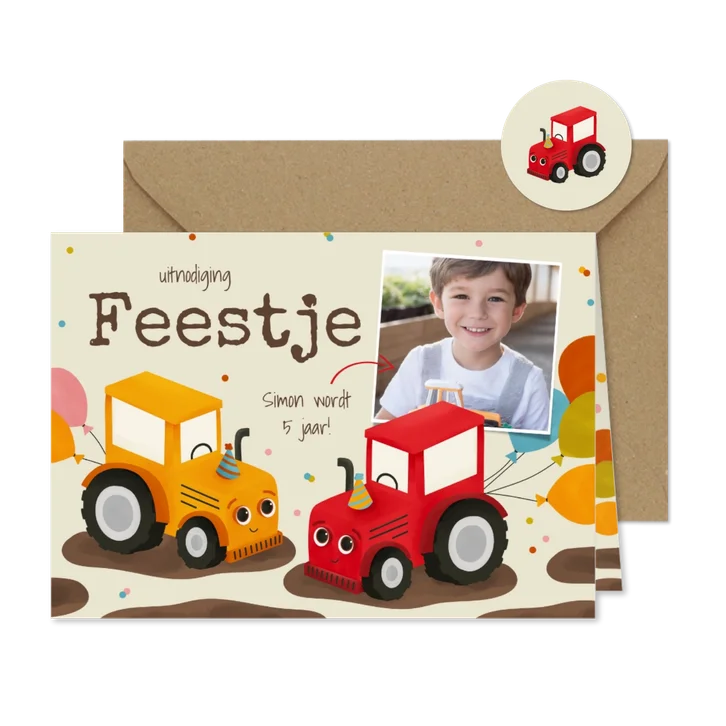 Vrolijke uitnodiging kinderfeestje rode en gele tractors