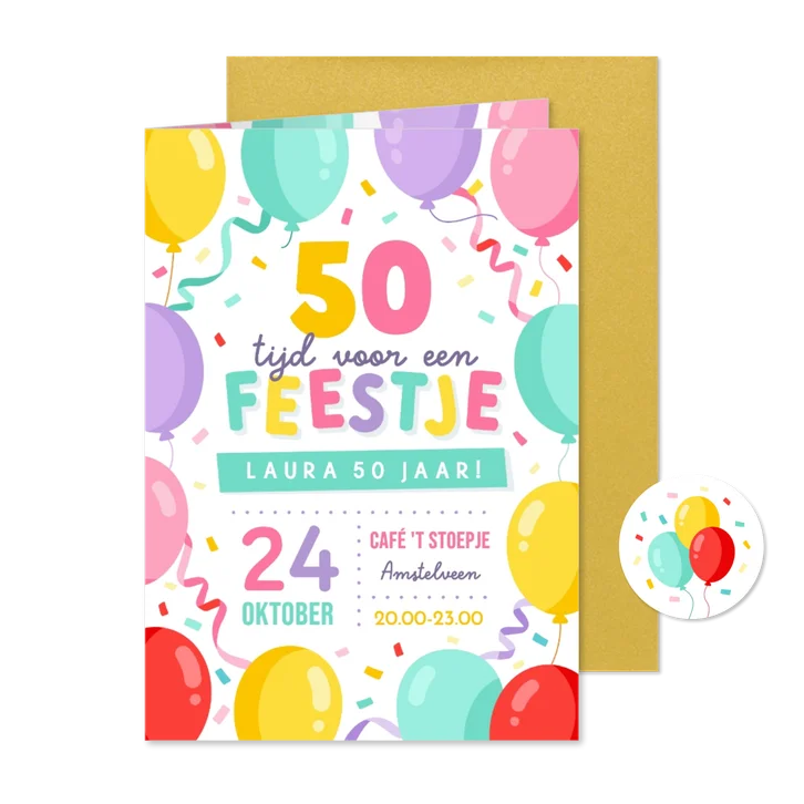Vrolijke uitnodiging verjaardagsfeest 50 jaar met ballonnen 