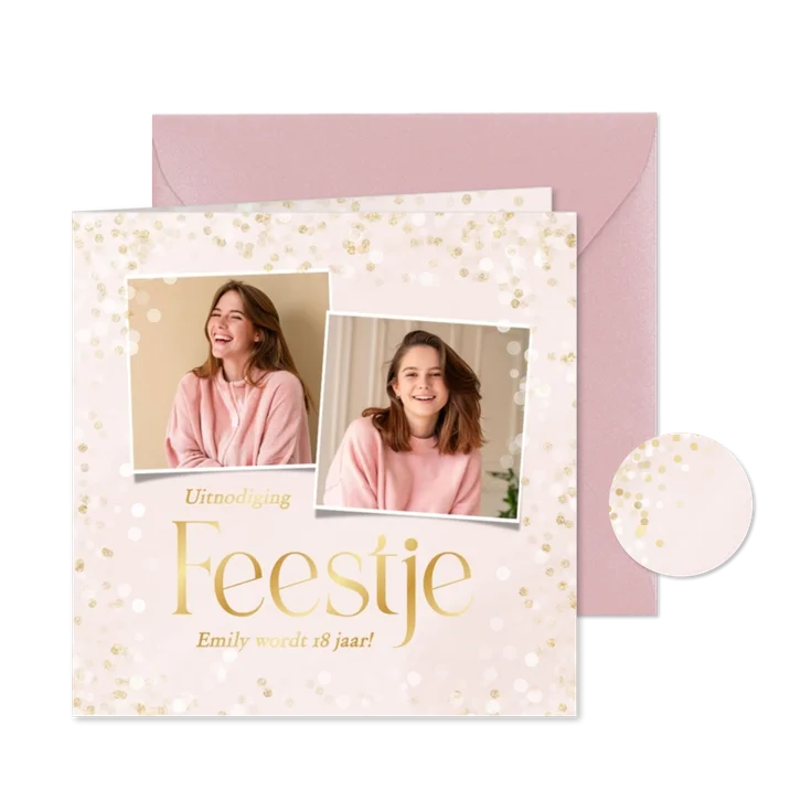 Vrolijke uitnodiging zacht roze met gouden confetti en foto