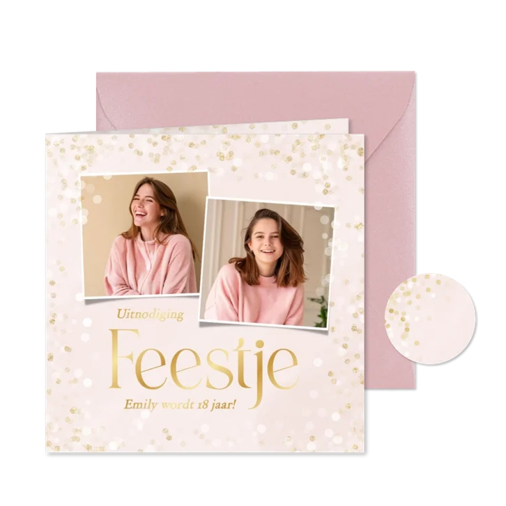 Vrolijke uitnodiging zacht roze met gouden confetti en foto