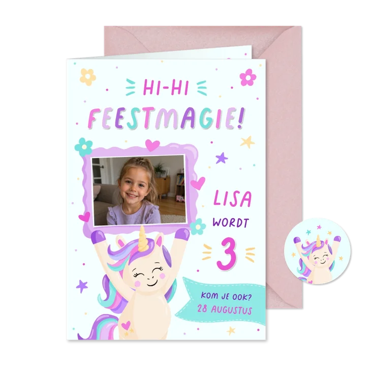 Vrolijke unicorn uitnodiging voor een verjaardag