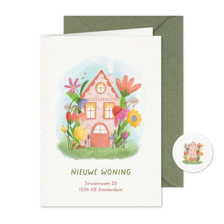 Vrolijke verhuiskaart met huis en kleurrijke bloem