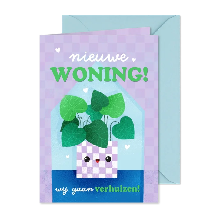 Vrolijke verhuiskaart met plantje hartjes huis nieuwe woning