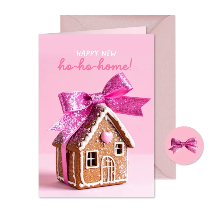 Vrolijke verhuiskerstkaart met gemberkoekhuisje en strik