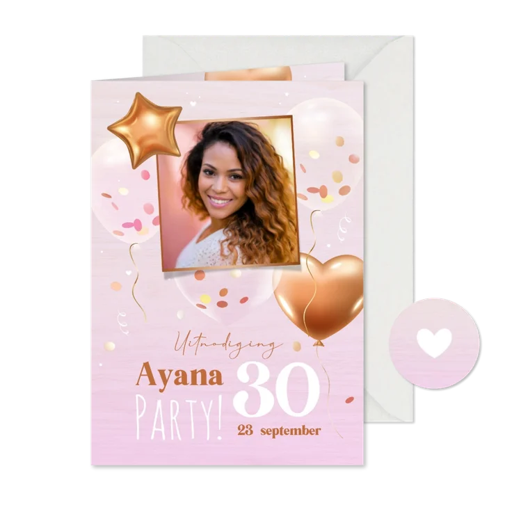 Vrouwelijke uitnodiging hartje, ster & confetti 3d ballonnen