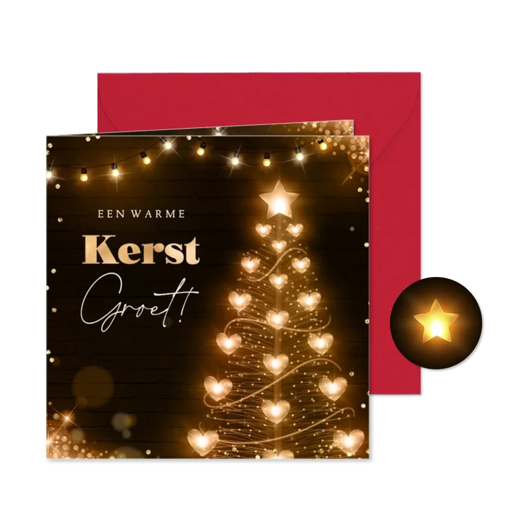 Warme kerstgroet met lichtgevende kerstboom van hartjes