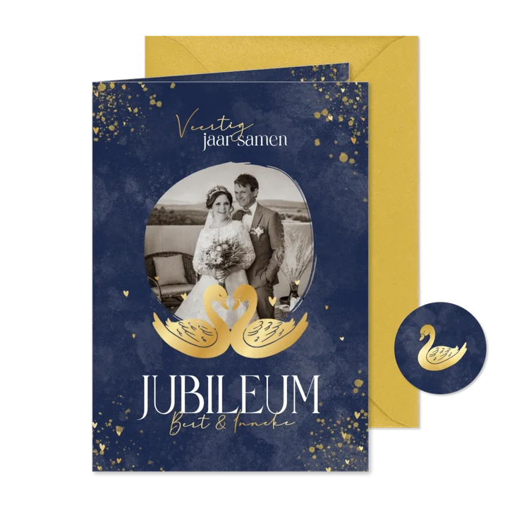 Waterverf blauwe 40 jubileum uitnodiging met gouden zwanen