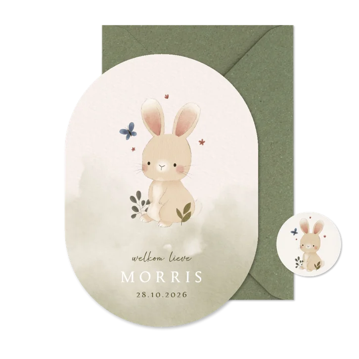 Waterverf geboortekaartje met konijn, plantjes en vlindertje