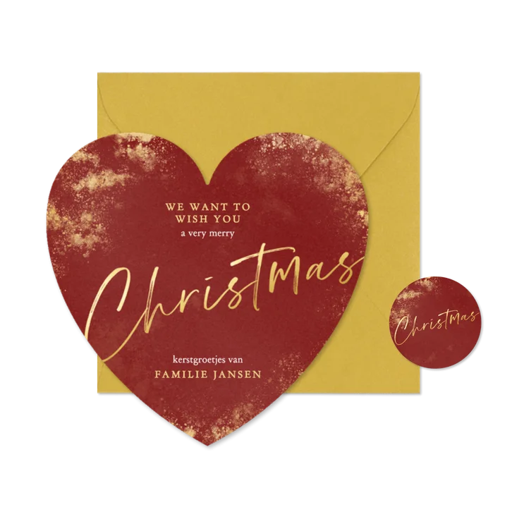 Waterverf kerstkaartje rood met gouden glitters in hartvorm
