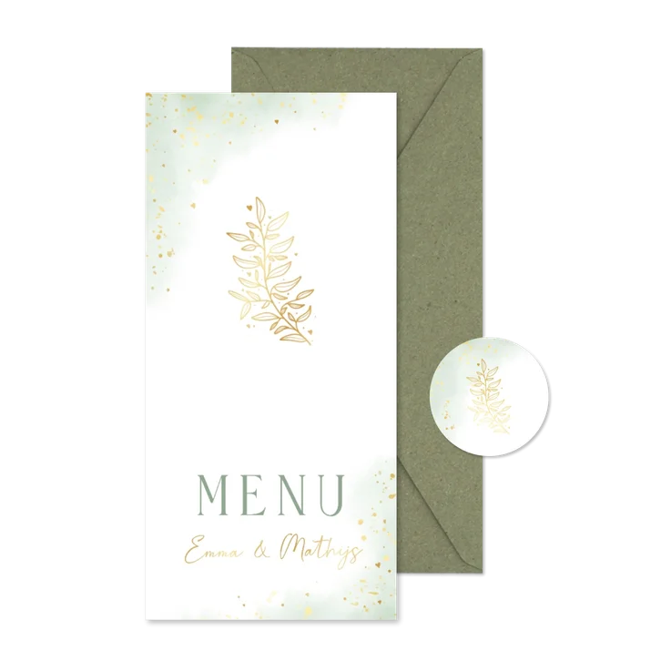 Waterverf menukaart huwelijk groen met goudfolie takje