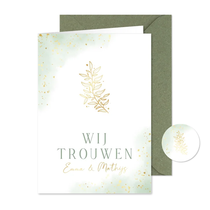 Waterverf trouwkaart groen met goudfolie takje