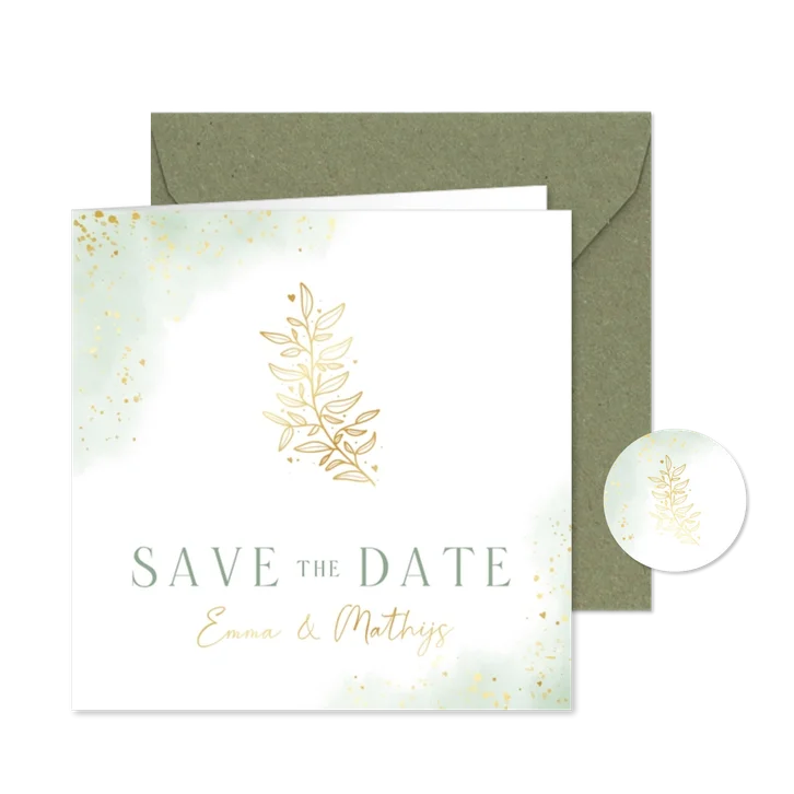 Waterverf trouwkaart save the date met goudfolie takje