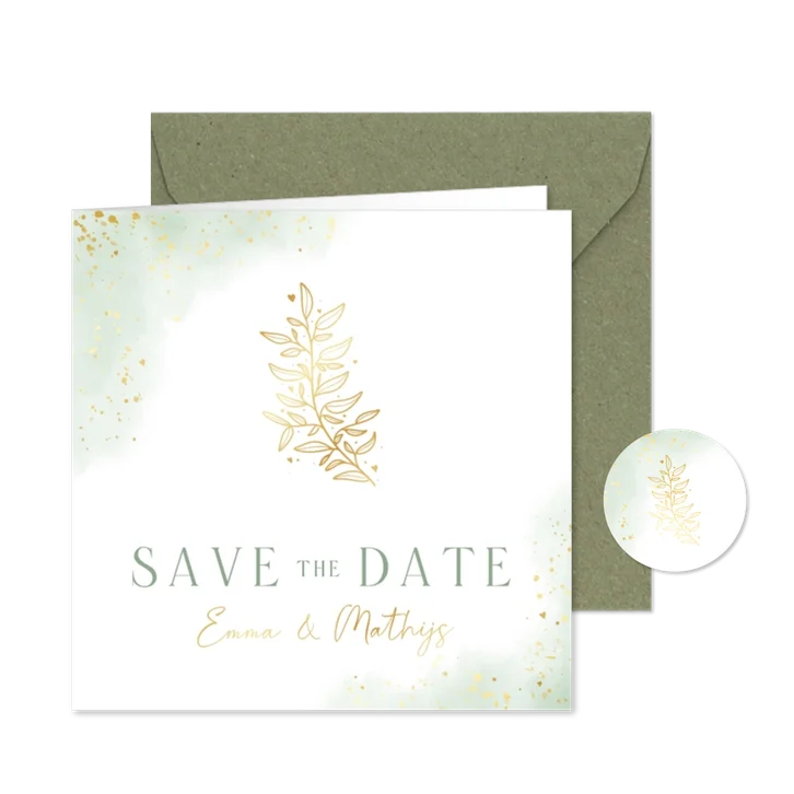 Waterverf trouwkaart save the date met goudfolie takje