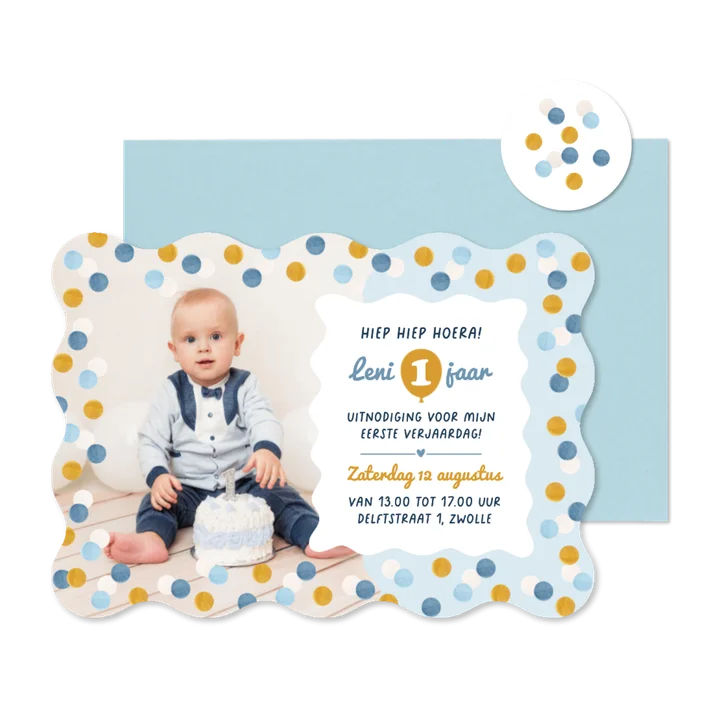 Wave blauw kinderfeestje uitnodiging confetti 1 jaar foto