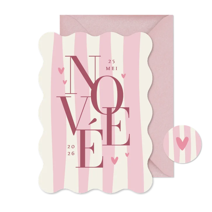 Wave geboortekaartje gestreept grafisch hartjes roze