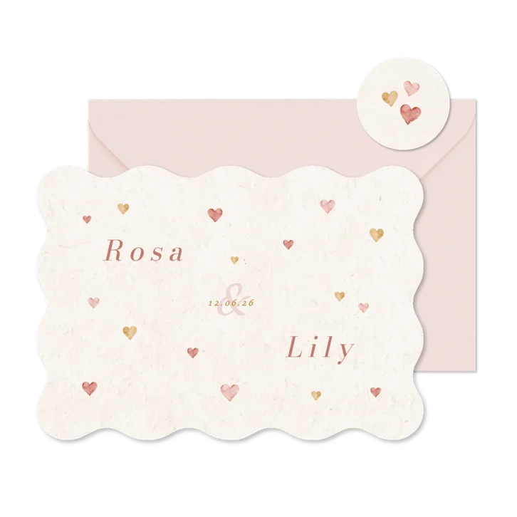 Wave geboortekaartje tweeling hartjes beige roze lief