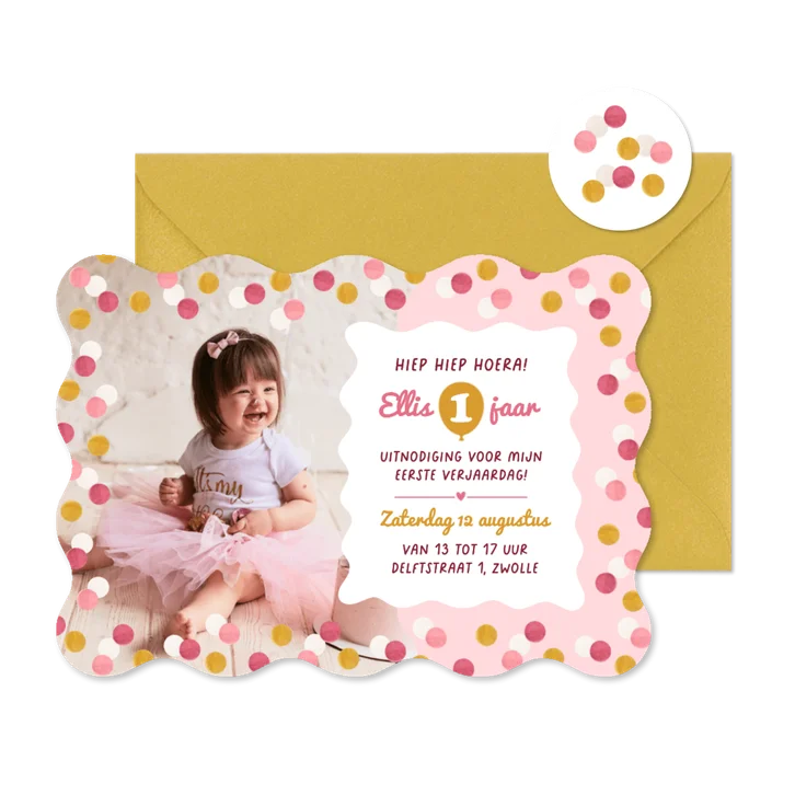 Wave kinderfeestje uitnodiging confetti 1 jaar foto roze