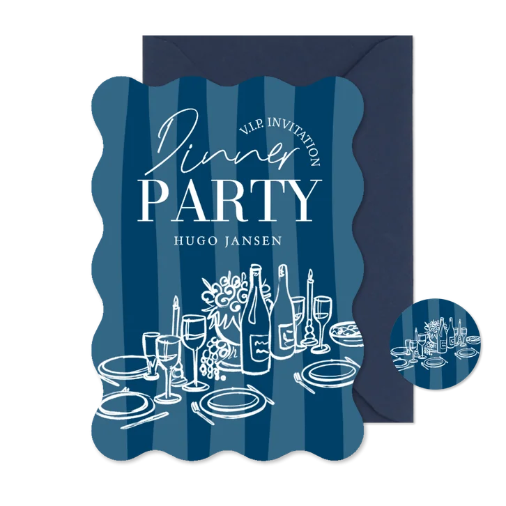 Wave uitnodiging diner party blauw gestreept doodle