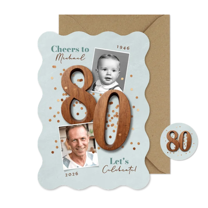 Wave uitnodigingskaart 80 jaar vintage houten cijfers foto's